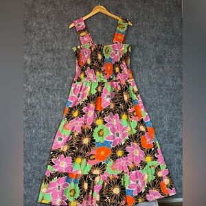 Entro Tropics Floral Smocked Midi Dress Size XL Pink And Brown Floral